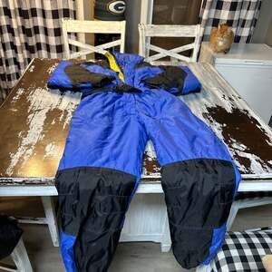 Vintage Swiss Alps One Piece Ski Snowsuit Blue Black Large